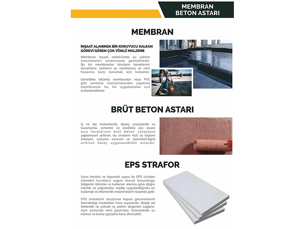 Membran, brüt beton astarı ve EPS strafor yalıtım ürünleri